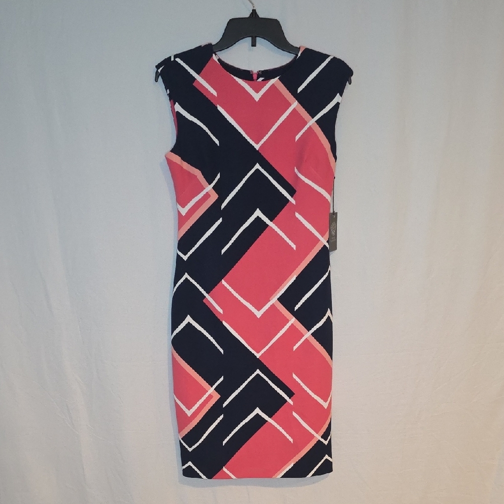 Vince Camuto Pink and Navy Geometric Midi Dress